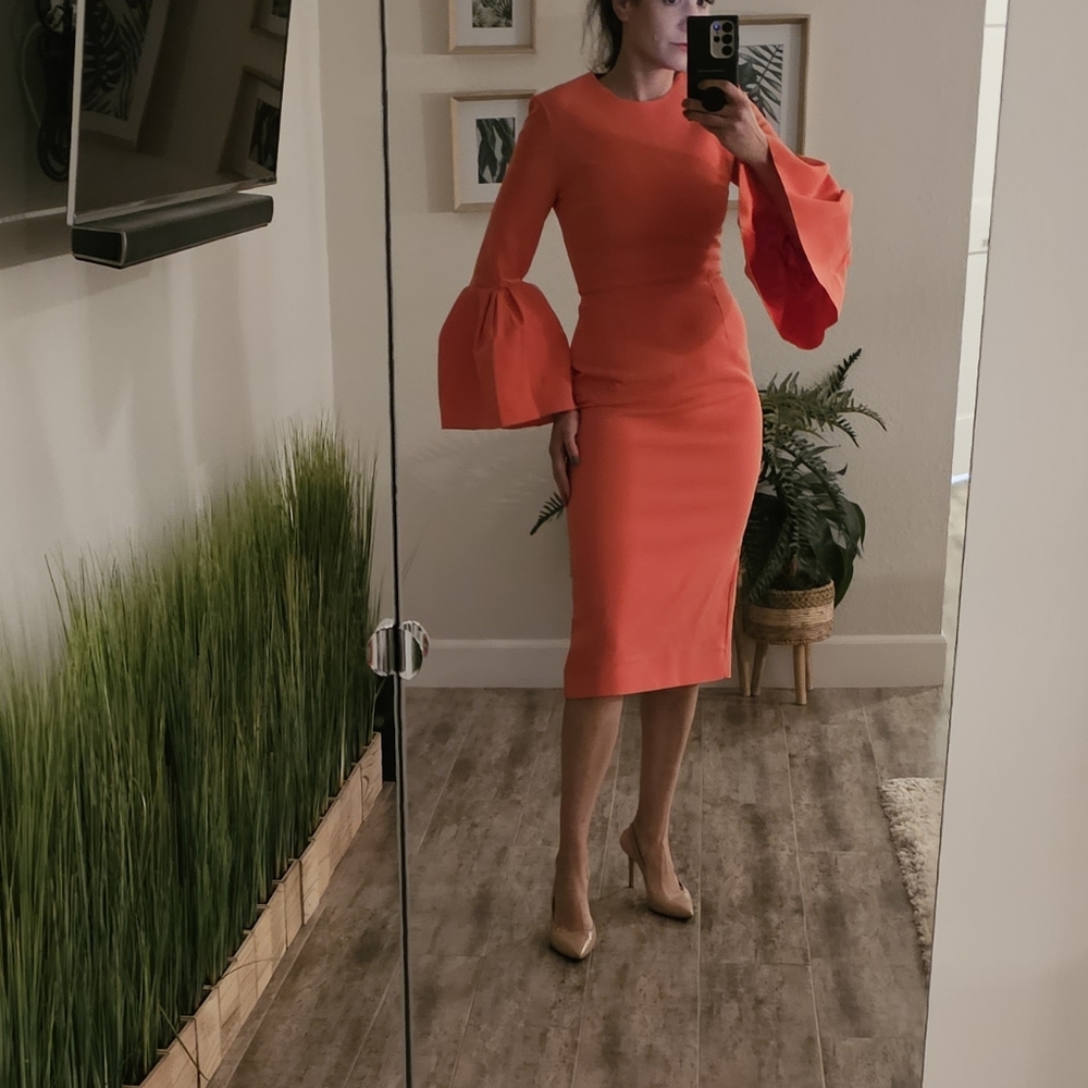 Roksanda MARGOT Crepe Dress Bell Sleeves Fitted Coral Pink size 10 (fits us 6)